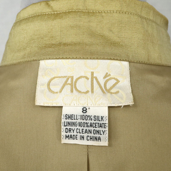 Cache Jacket Womens 8 Silk Green Gold Lined Pleated Trim Lightweight Vintage - Picture 3 of 12